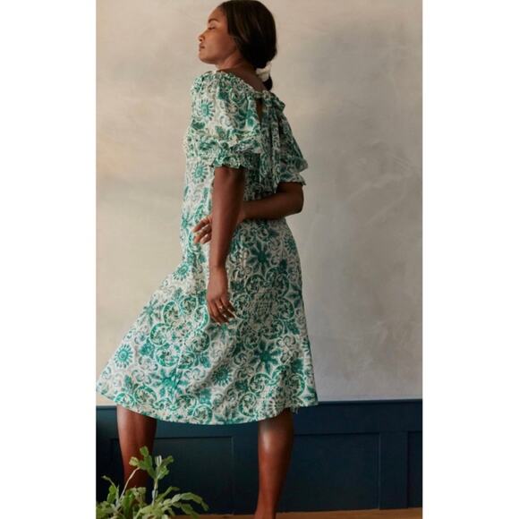 By Anthropologie Puff Sleeve Smocked Midi Dress Mint Green S - Picture 2 of 11